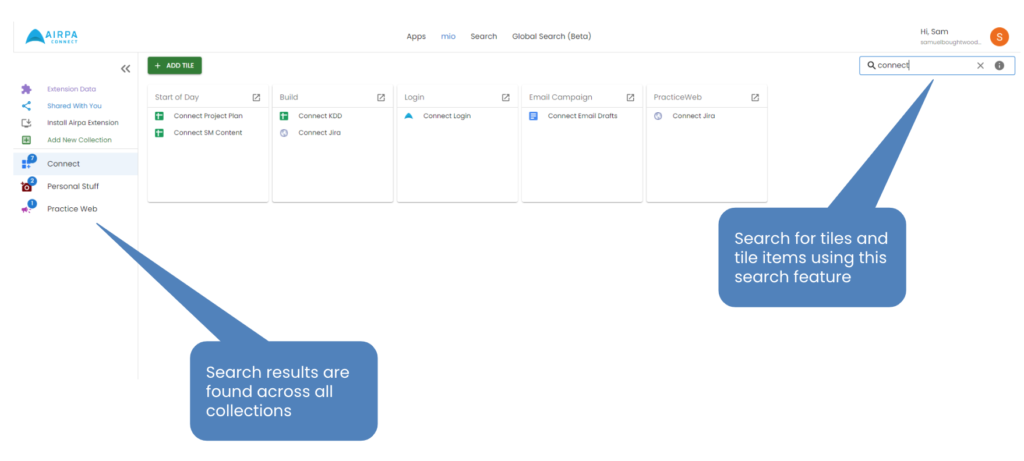 AIRPA Connect Platform Help Guide working - Tile and tile item search